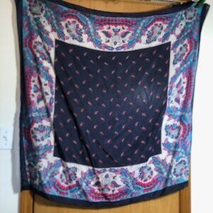 Vintage Large Silk Square Scarf Wrap Paisley Floral Edge Blue Pink Excellent
